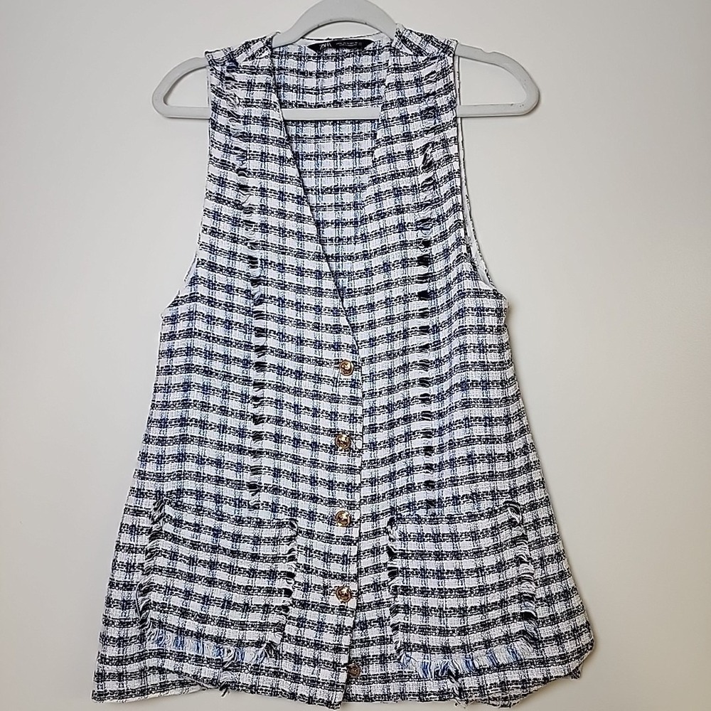 Zara Vest Women's Medium Blue Black White Gingham Tweed Waistcoat Pockets Long